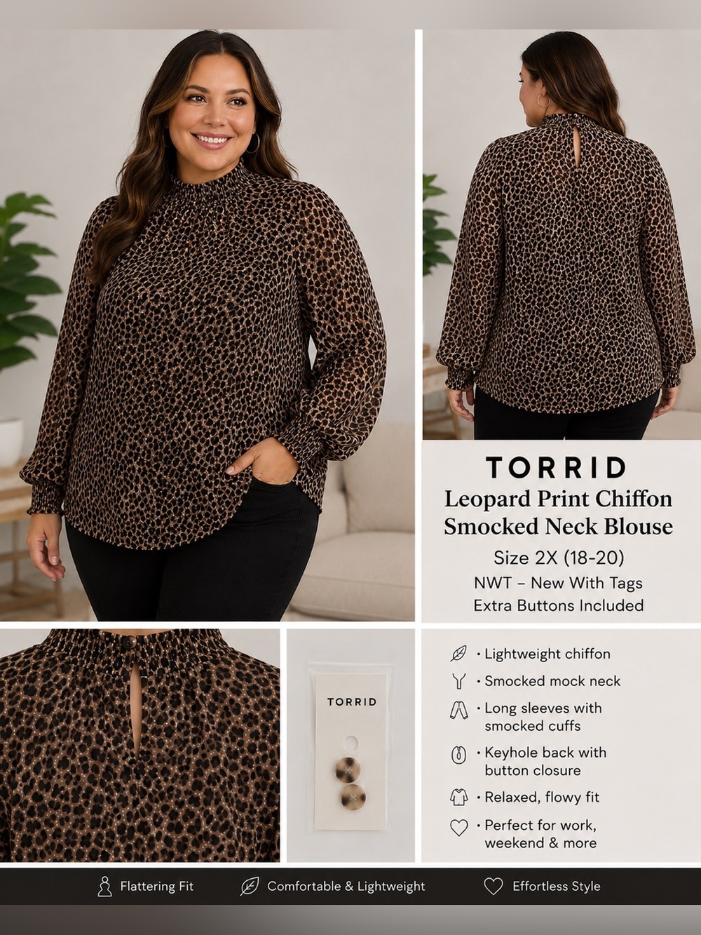 Torrid Leopard Print Chiffon Smocked Mock Neck Blouse Size 2 (2X 18/20) NWT